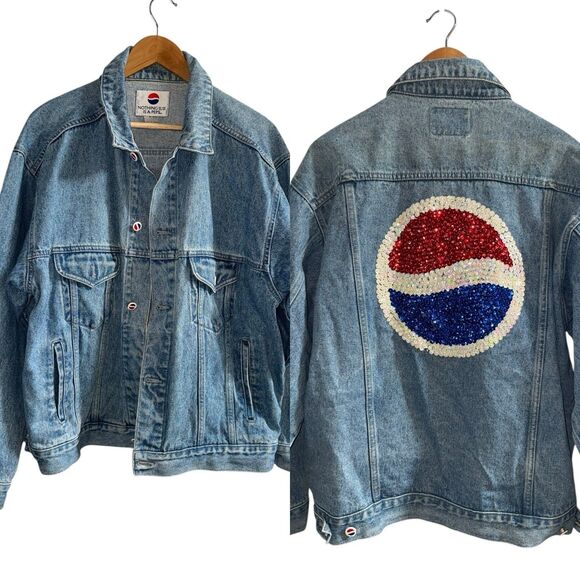 Vintage Rare OOAK PEPSI 90's Denim Jean Jacket Large Sequin Britney Era HTF READ